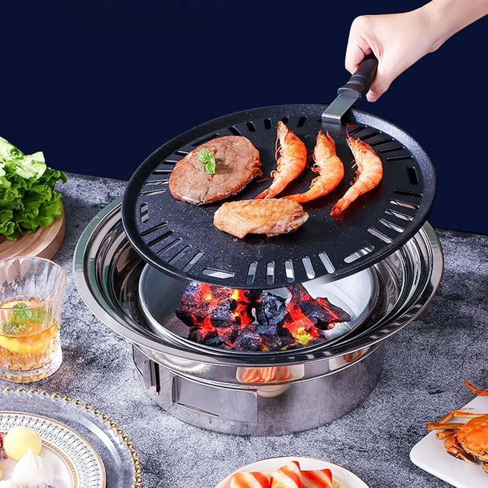 Portable Korean Style Stainless-Steel Barbecue Grill, Charcoal BBQ Round Grill Stove for Outdoor Camping, Picnicking & Parties 1