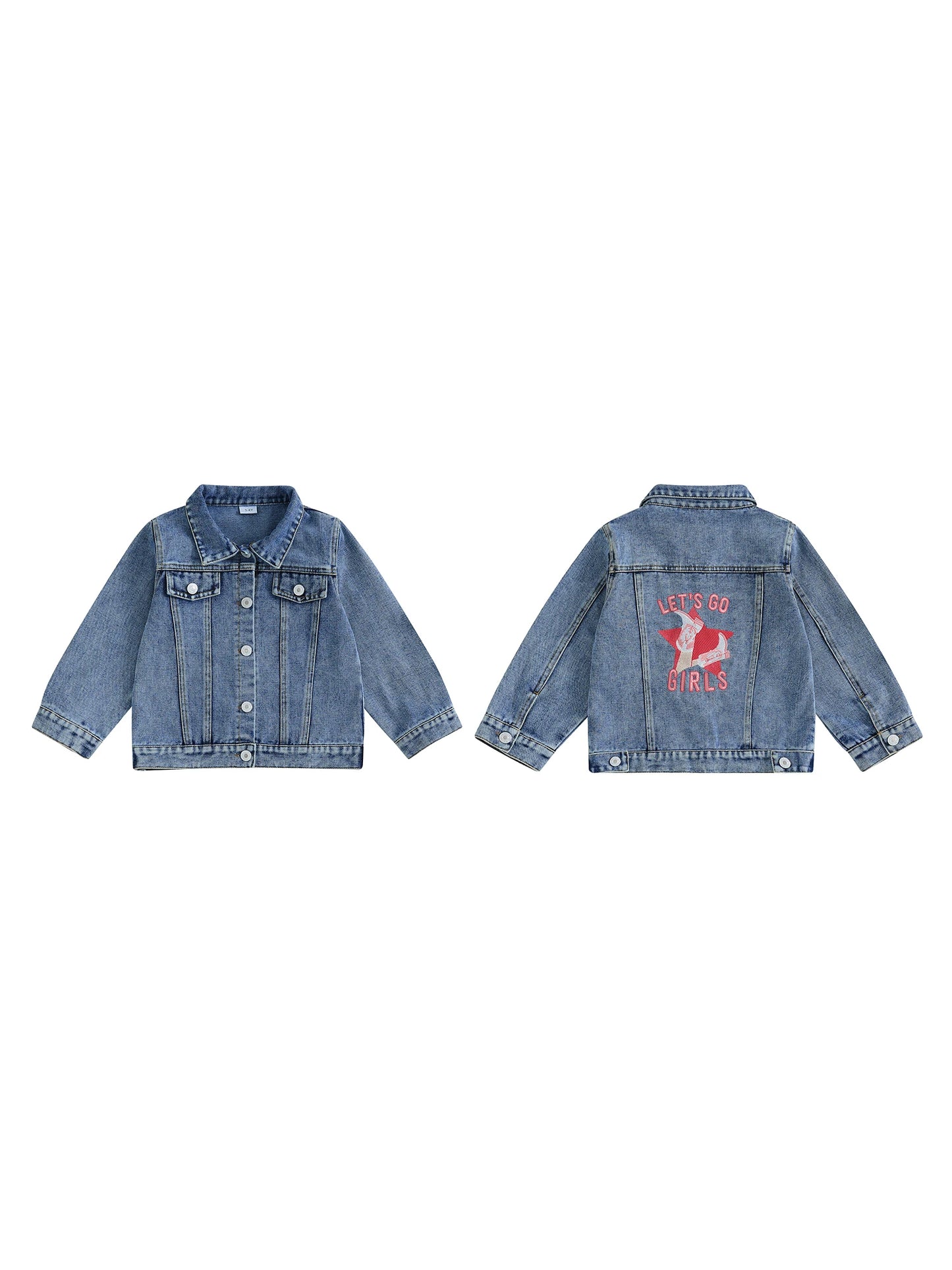 Girls Denim Jacket with Star Print and Warm Lining Long Sleeve Lapel Button Down Coat for Toddler Back Letter Detail