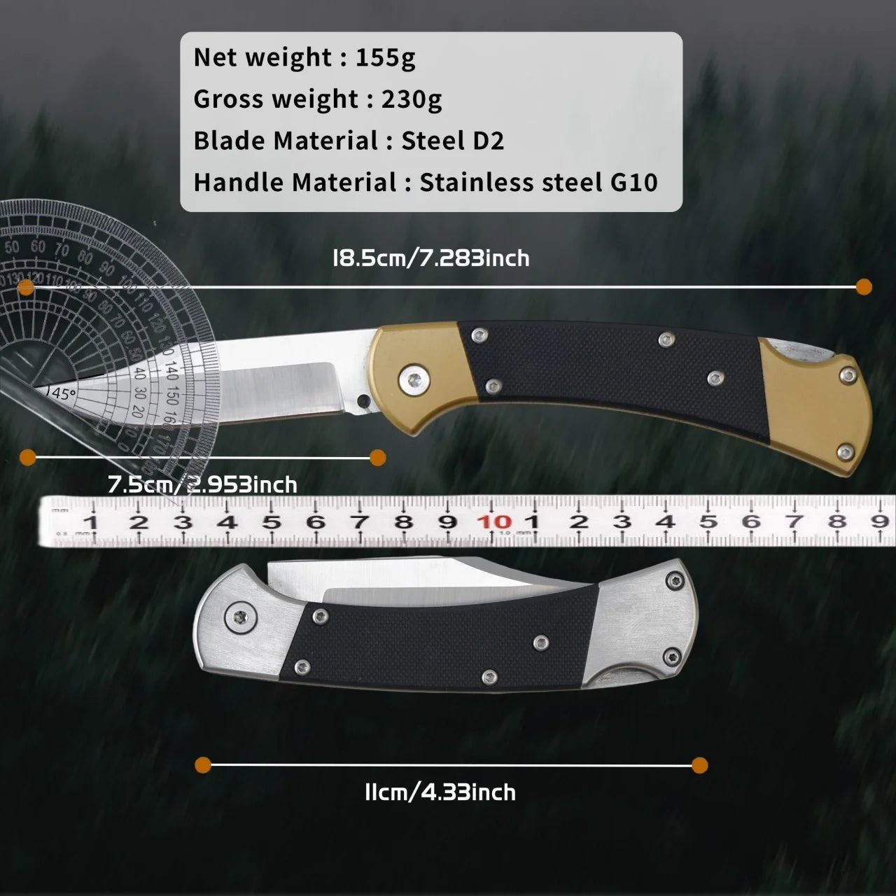 Golden G10 handle +D2 steel folding knife, fixed combat knife, outdoor portable knife, high hardness and wear resistance, gifts
