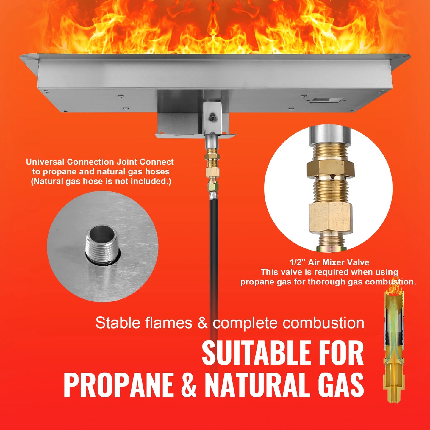 VEVOR 30 x 10 in Drop-in Fire Pit Pan Rectangular Stainless Steel Fire Pit Burner Kit Natural & Propane Gas Fire Pan 125000 BTU