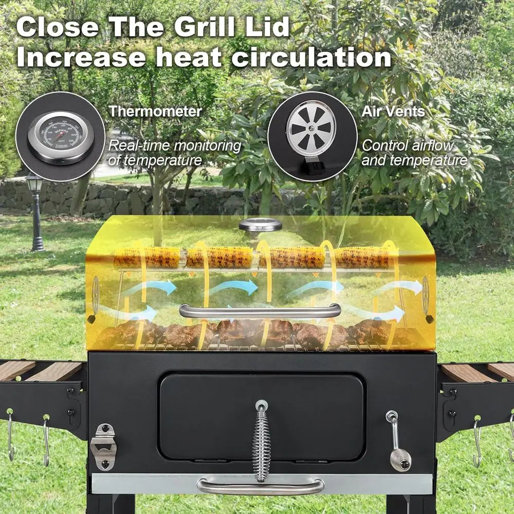 Portable Wood-Burning Grill with Side Table, 338 Sq. In. BBQ Area, Adjustable Charcoal Racks, and Thermometer for Outdoor Cookin