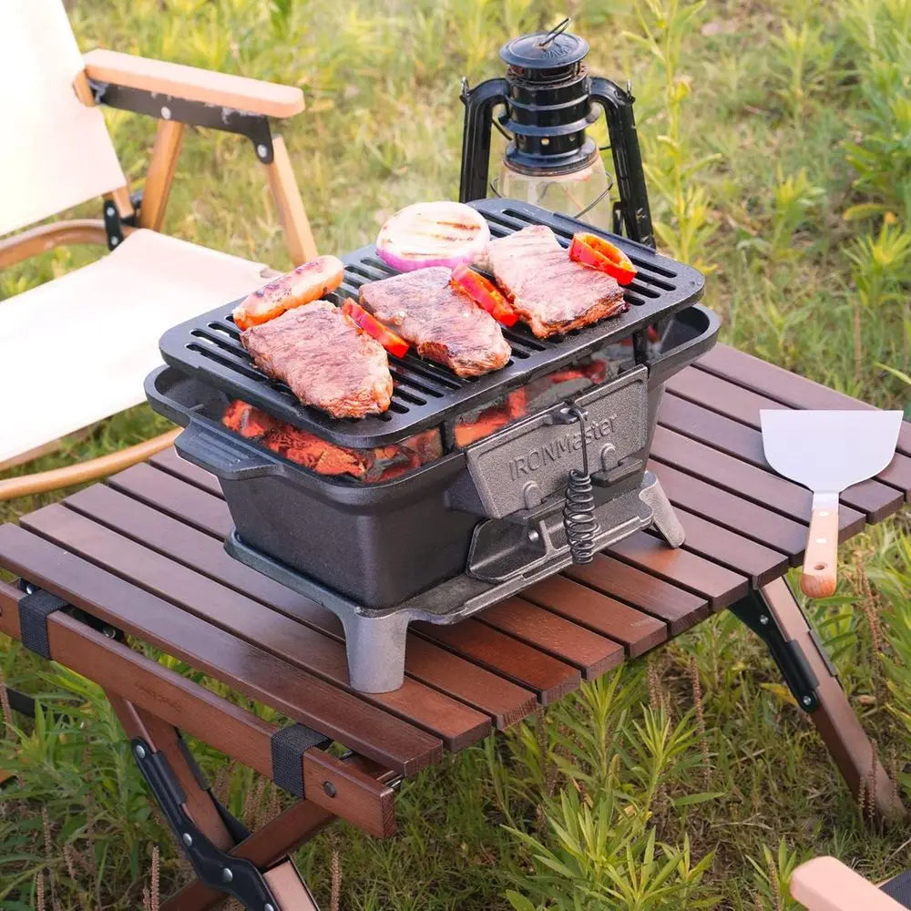 Compact Outdoor Charcoal Grill, Pre-Seasoned Cast Iron, Portable Yakitori Grill for Camping, Adjustable Air Control, Ideal for 2