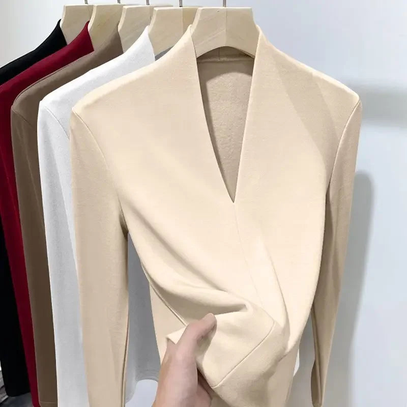 Autumn Winter New Long Sleeve T-Shirts Women Solid V-Neck Plus Velvet Thicken Warm Fashion Slim Pullovers Bottoming Shirt Tops