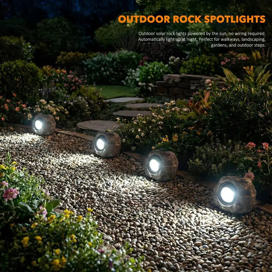Rock Lights Outdoor 2 Pack Waterproof LED Landscape Garden Spotlights, Realistic Stone Design, Wireless Solar Powered Pathway Li