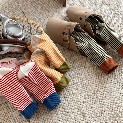 5 Pairs Multi-Color Women's Striped Crew Socks - Preppy Casual Thick Stacked Socks with Side Stripes for Fall Winter Warmth, Han