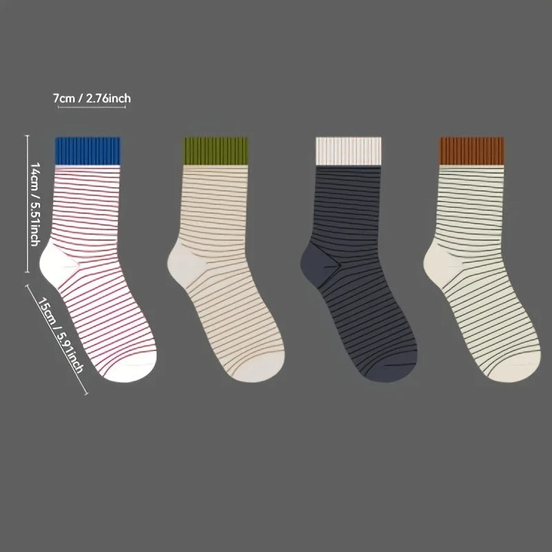5 Pairs Multi-Color Women's Striped Crew Socks - Preppy Casual Thick Stacked Socks with Side Stripes for Fall Winter Warmth, Han