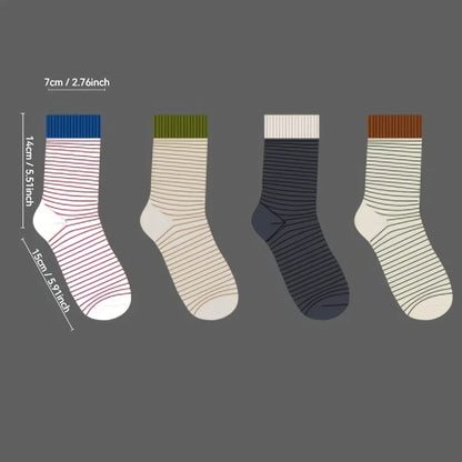 5 Pairs Multi-Color Women's Striped Crew Socks - Preppy Casual Thick Stacked Socks with Side Stripes for Fall Winter Warmth, Han