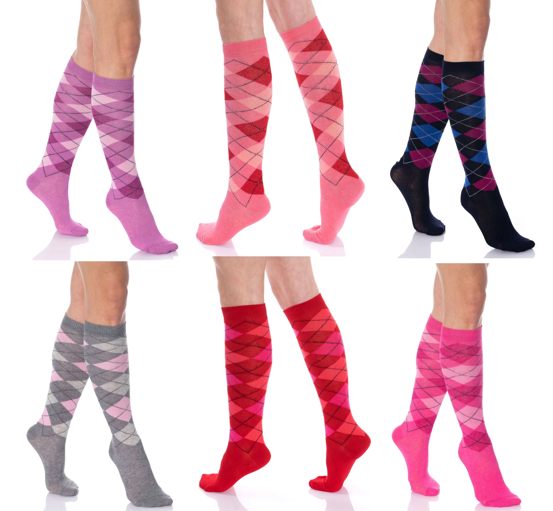 Argyle Knee High Socks for Women 6 Pairs Colorful Over the Calf Knee Socks