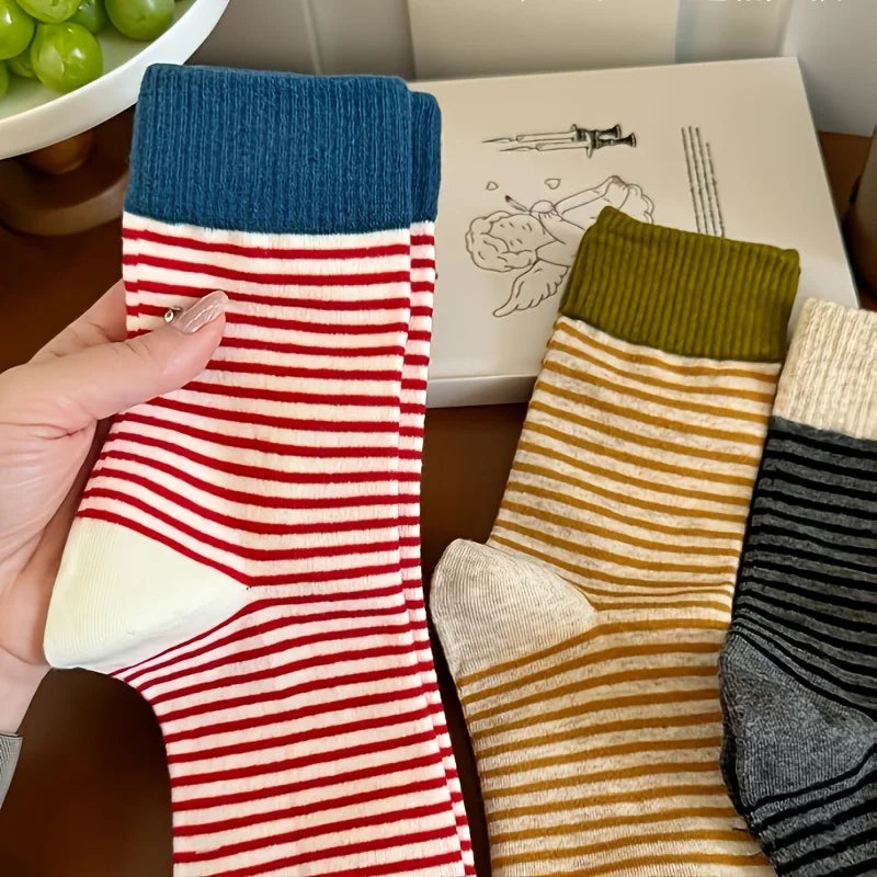 5 Pairs Multi-Color Women's Striped Crew Socks - Preppy Casual Thick Stacked Socks with Side Stripes for Fall Winter Warmth, Han