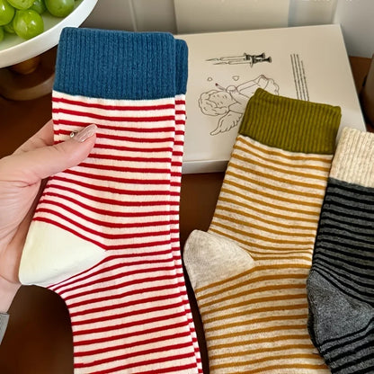 5 Pairs Multi-Color Women's Striped Crew Socks - Preppy Casual Thick Stacked Socks with Side Stripes for Fall Winter Warmth, Han