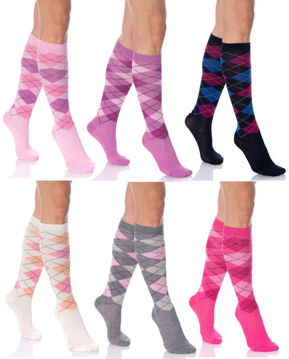 Argyle Knee High Socks for Women 6 Pairs Colorful Over the Calf Knee Socks
