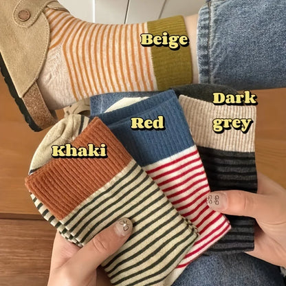 5 Pairs Multi-Color Women's Striped Crew Socks - Preppy Casual Thick Stacked Socks with Side Stripes for Fall Winter Warmth, Han