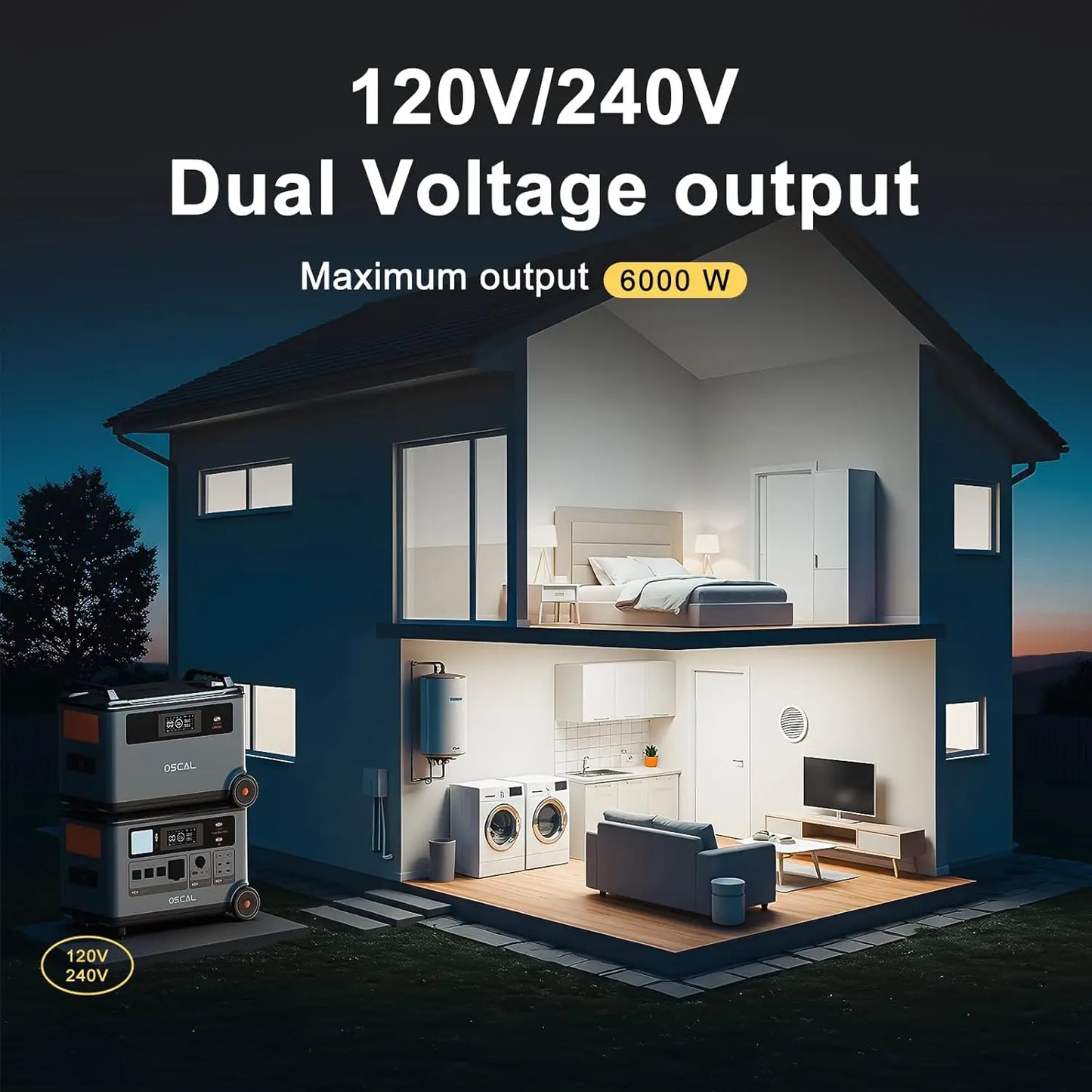 OSCAL PowerMax 6000 Solar Generator, 3600Wh LFP Battery Power Station, 120/240V Voltage 6000W AC Outlets,2200W/1.96H Fast Charge