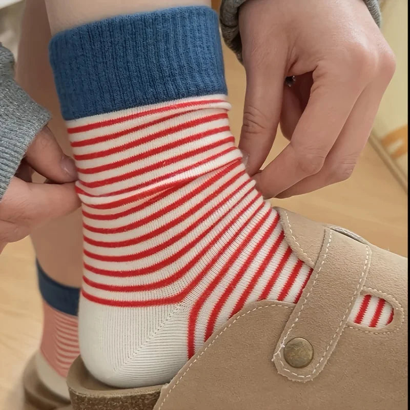 5 Pairs Multi-Color Women's Striped Crew Socks - Preppy Casual Thick Stacked Socks with Side Stripes for Fall Winter Warmth, Han