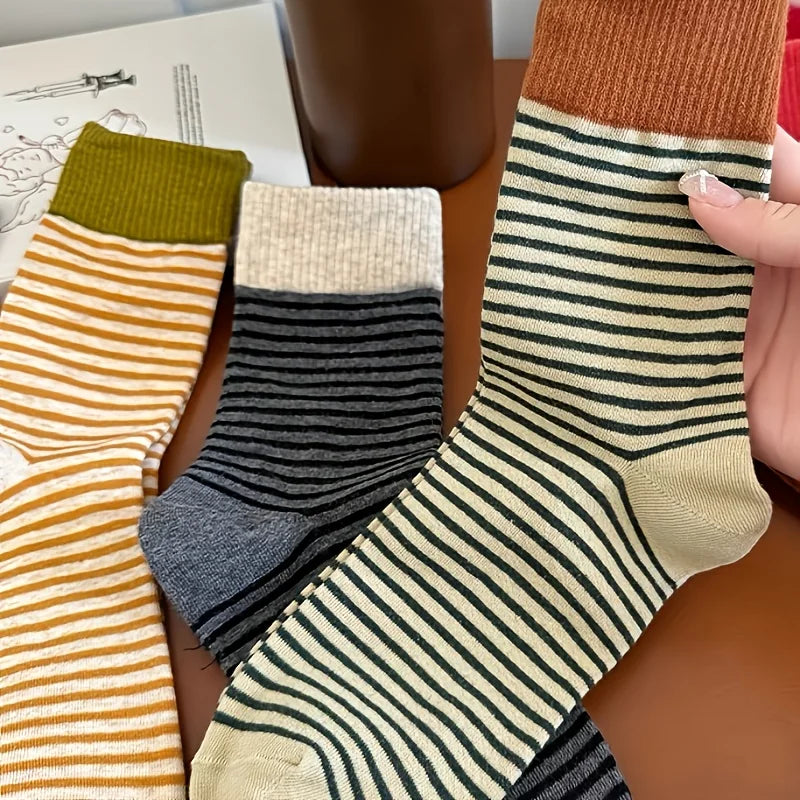5 Pairs Multi-Color Women's Striped Crew Socks - Preppy Casual Thick Stacked Socks with Side Stripes for Fall Winter Warmth, Han