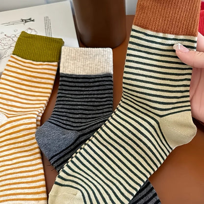 5 Pairs Multi-Color Women's Striped Crew Socks - Preppy Casual Thick Stacked Socks with Side Stripes for Fall Winter Warmth, Han