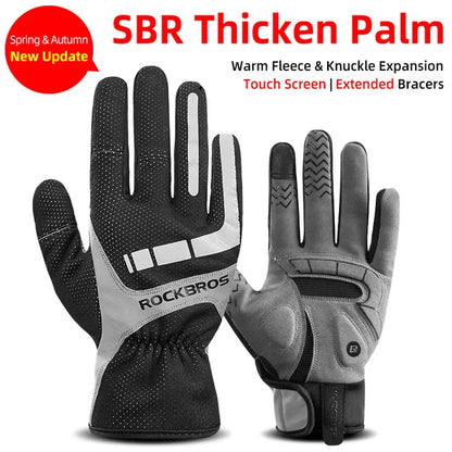 ROCKBROS Winter Gloves Bicycle Motorcycle SBR Men Women Full Finger Windproof Gloves Warm Fleece Skiing Glove Cycling Equipment