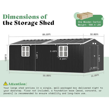 12x20x7.2ft Outdoor Metal Storage Shed with 2 Clear Panels, Double Hinged Doors, Windows, and Vents for Backyard Workshop
