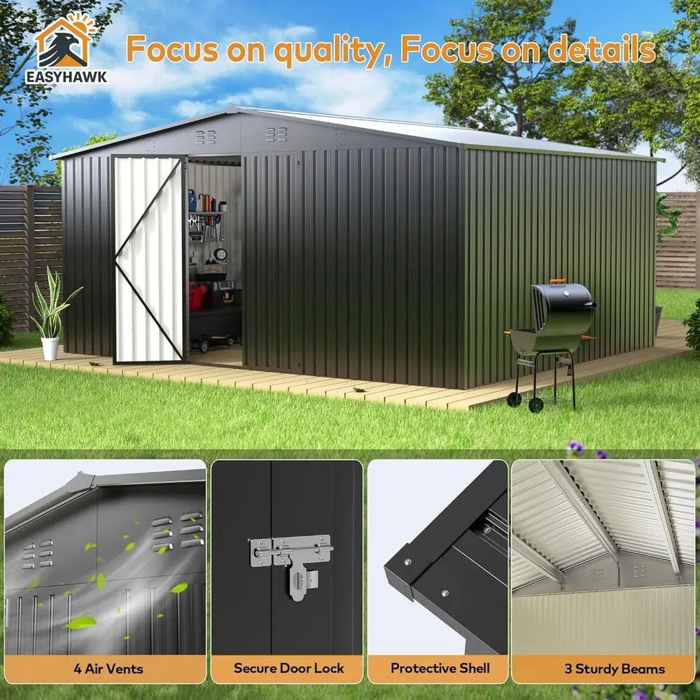14' x 12' Outdoor Metal Storage Shed - Waterproof, Secure Garden Tool Shed with Door and Lock