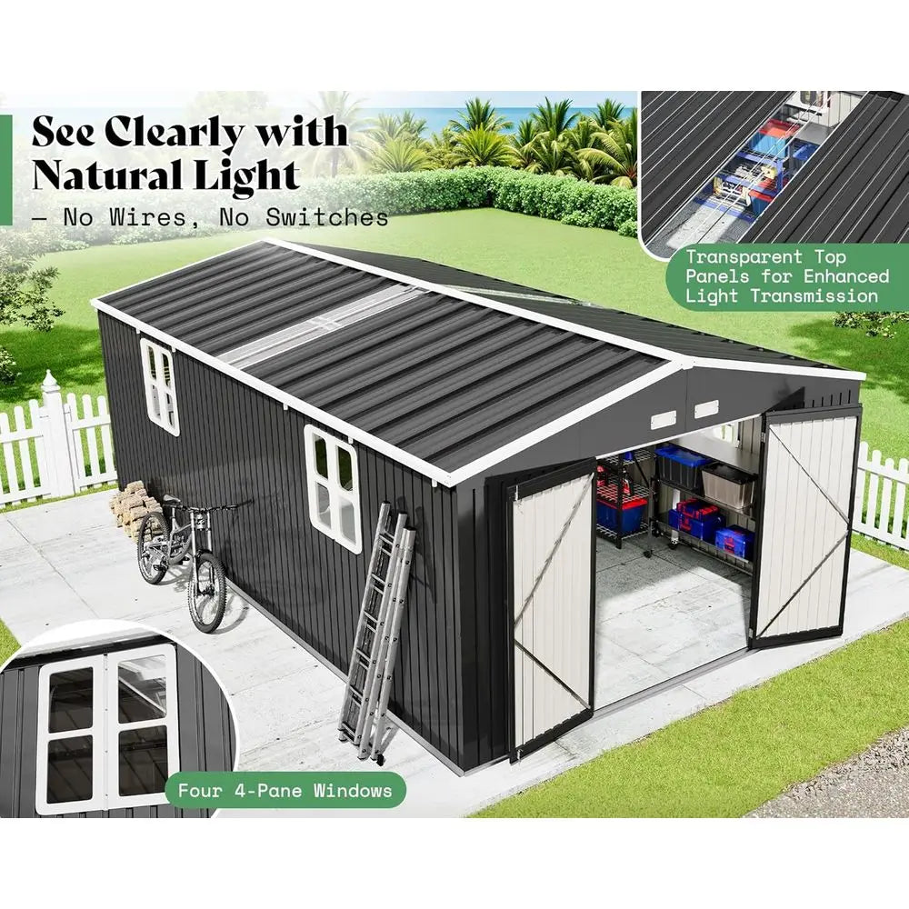 12x20x7.2ft Outdoor Metal Storage Shed with 2 Clear Panels, Double Hinged Doors, Windows, and Vents for Backyard Workshop