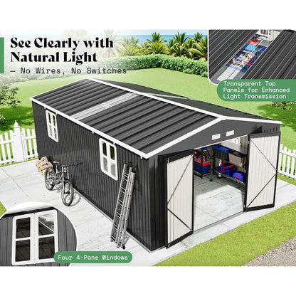 12x20x7.2ft Outdoor Metal Storage Shed with 2 Clear Panels, Double Hinged Doors, Windows, and Vents for Backyard Workshop