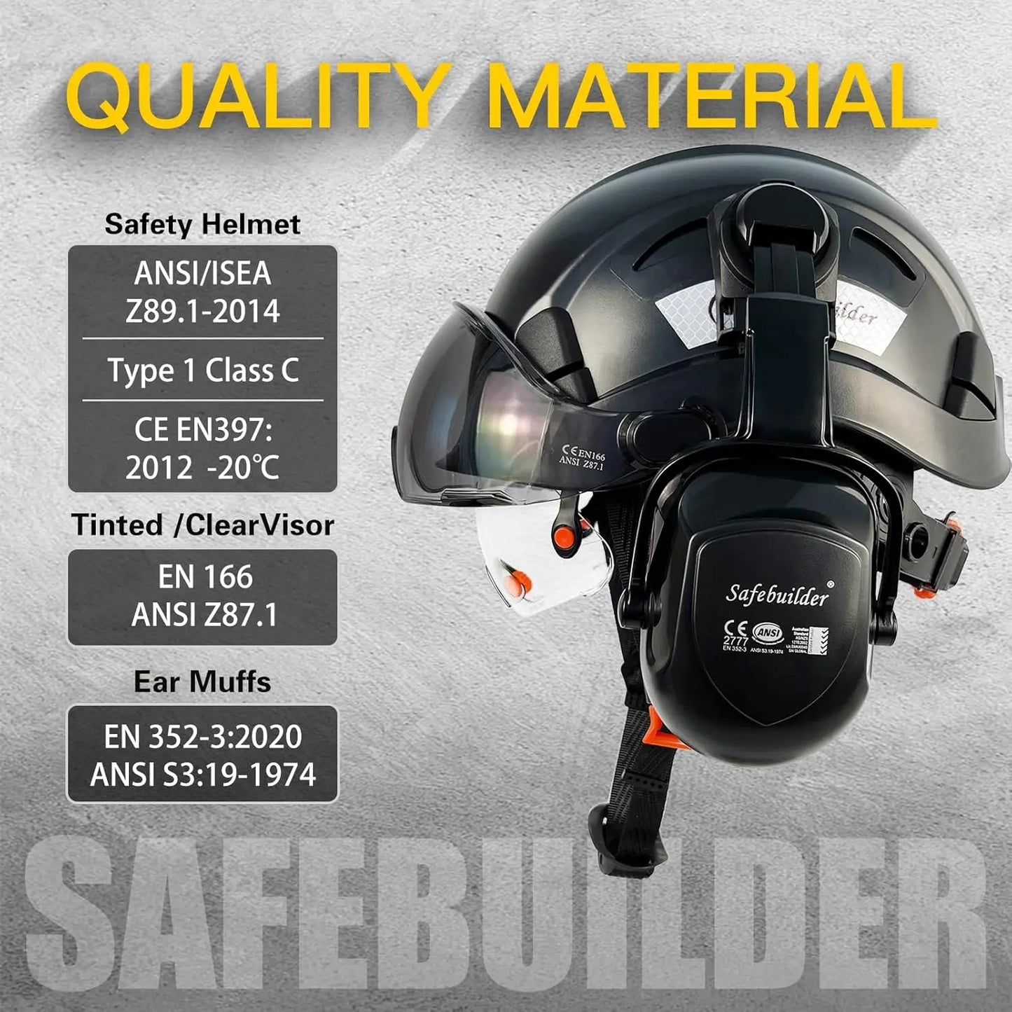 Industrial Safety Helmet with Visor and Ear Muffs, Vented Hard Hat for Construction Work Head Protection ANSI Compliant