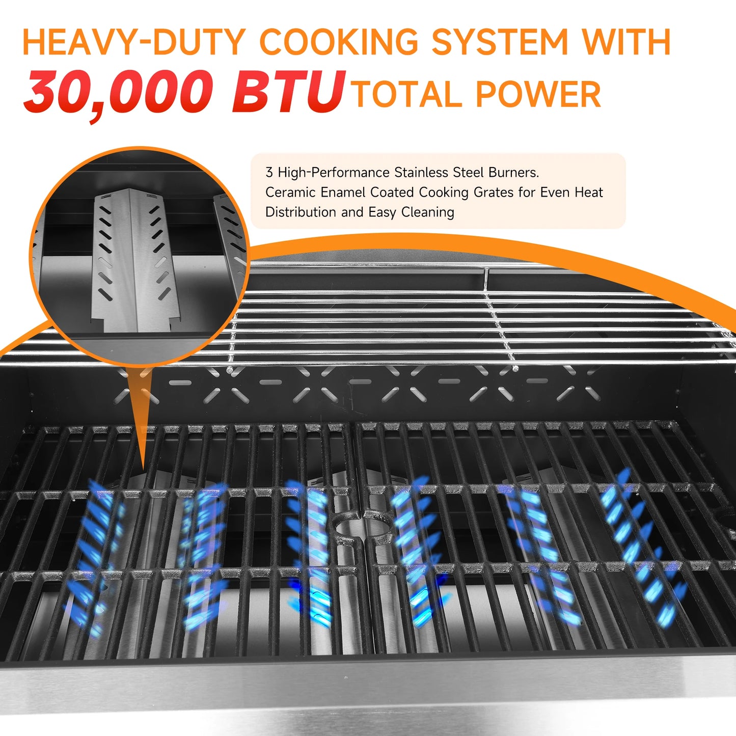 3-Burner Propane Gas Grill with Warming Rack, 30,000 BTU Outdoor BBQ Grill, Foldable Side Tables, Tool Hooks & Easy-Roll Wheels