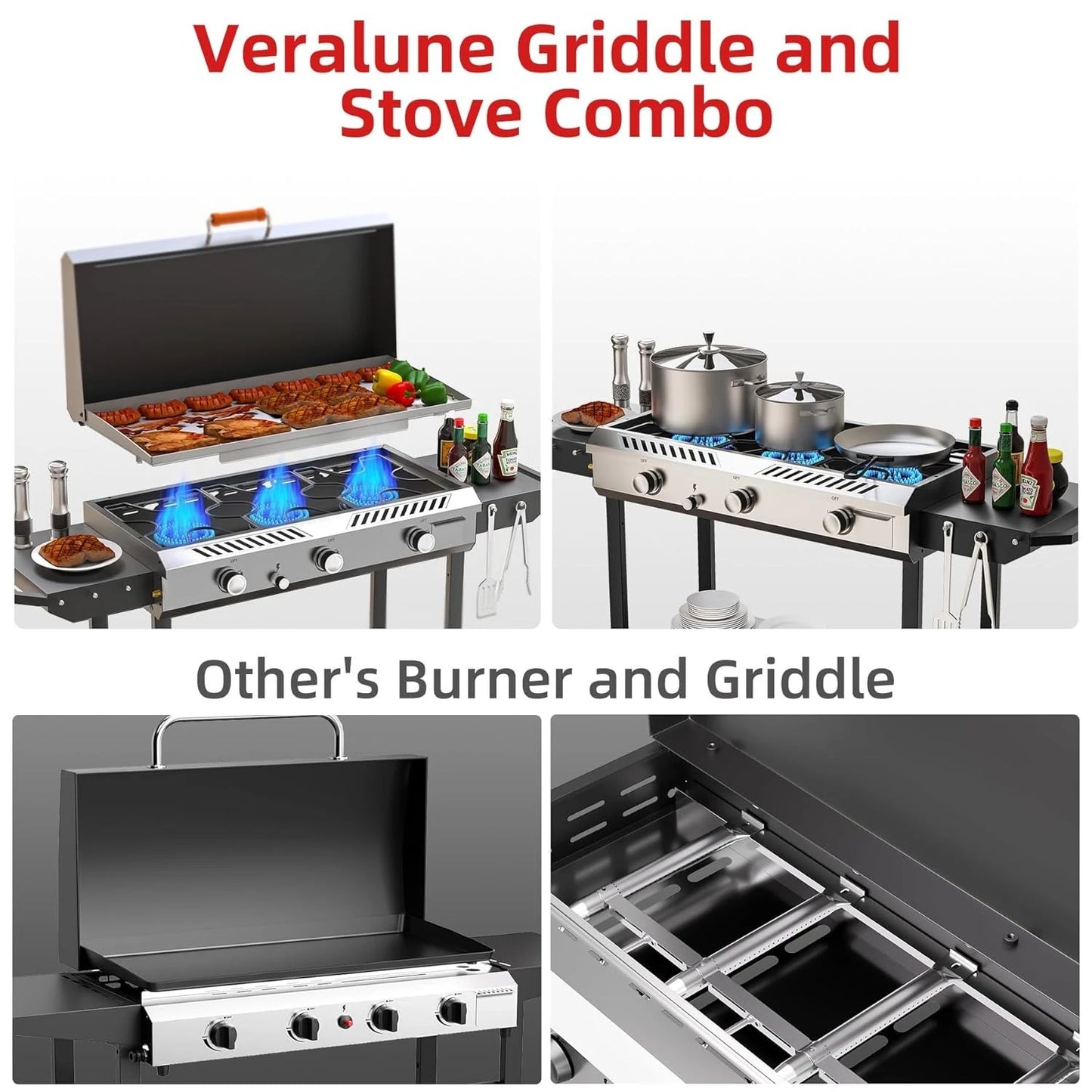 225,000 BTU Flat Top Griddle Grill with Auto Ignition Button, 3 Burner Propane Stove with Griddle, Outdoor Gas, Customized