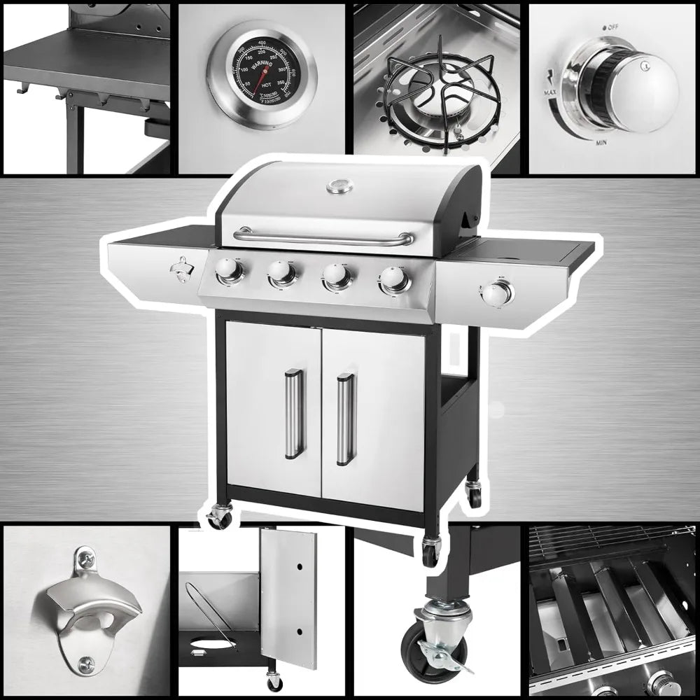 4-Burner Propane Gas BBQ Grill with Side Burner, Barbecue Gas Grill with Enameled Cast Iron Grates for Outdoor Patio Garden Barb
