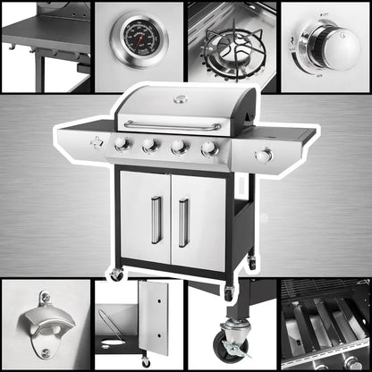 4-Burner Propane Gas BBQ Grill with Side Burner, Barbecue Gas Grill with Enameled Cast Iron Grates for Outdoor Patio Garden Barb
