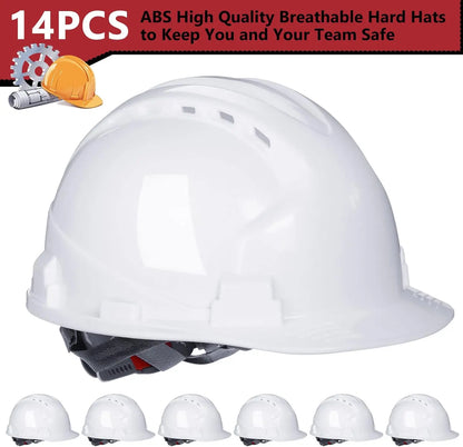 14-Piece Bulk Safety Helmets, ABS Construction with Adjustable Ratchet, Vents & Cotton Brow Pad for Men's Work Head Protection