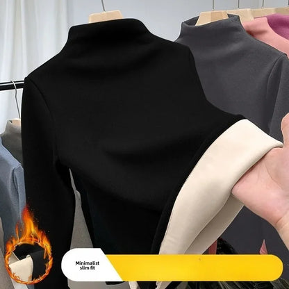 Women Thermal Underwear Winter Half High Collar Bottom Shirt Solid Semi High Collar Long Sleeve Basic T-Shirt Heating Pullovers