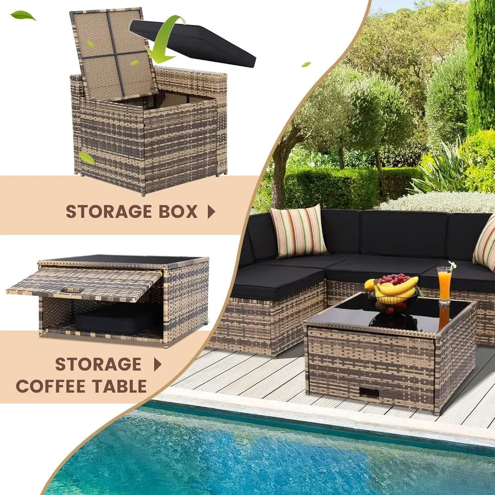 8-Piece Outdoor Wicker Sectional Patio Furniture Set with Cushions and Glass Top Table