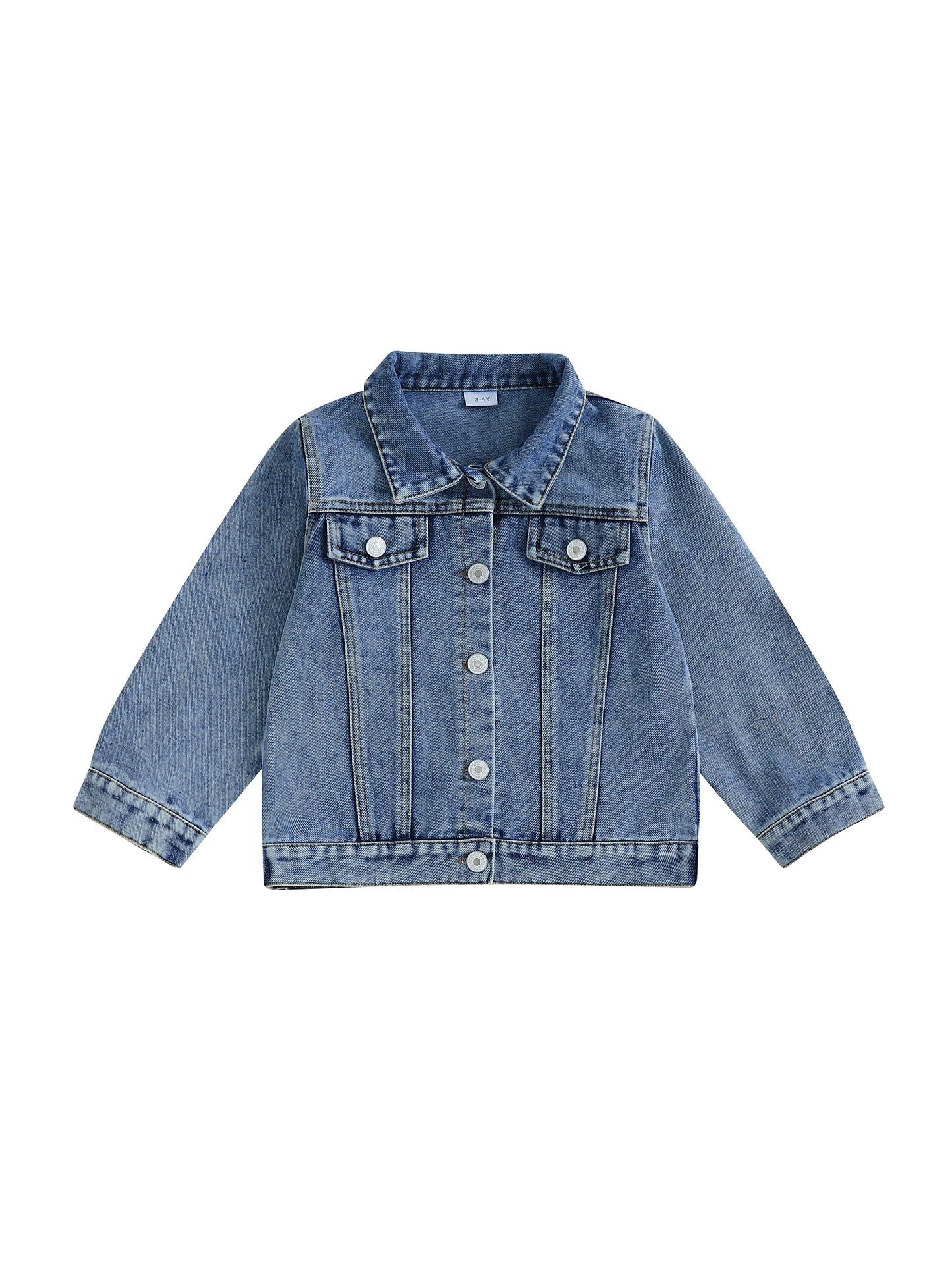 Girls Denim Jacket with Star Print and Warm Lining Long Sleeve Lapel Button Down Coat for Toddler Back Letter Detail
