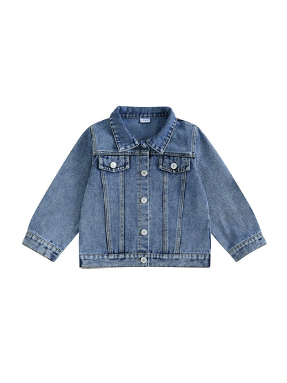 Girls Denim Jacket with Star Print and Warm Lining Long Sleeve Lapel Button Down Coat for Toddler Back Letter Detail