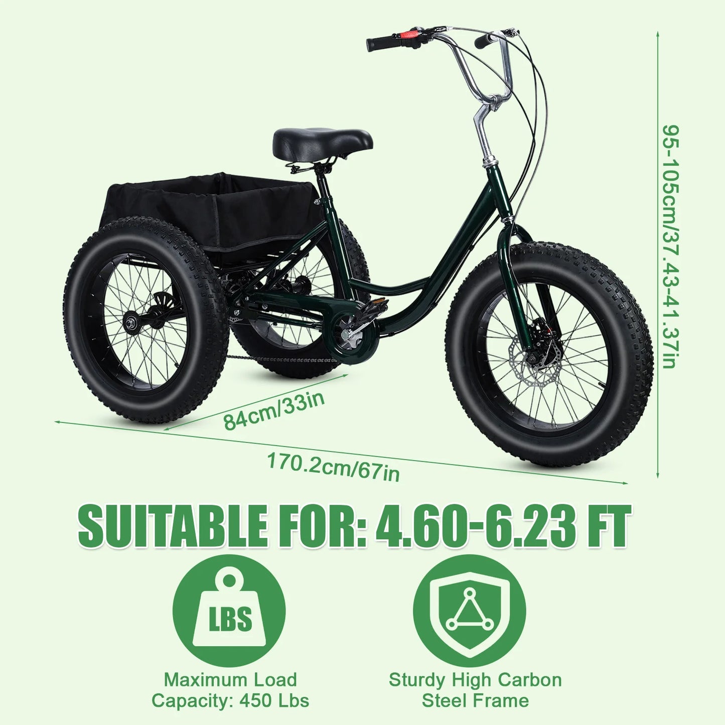 Non electric - (maximum weight capacity 450 pounds) 7-speed manual fat tire tricycle, 20 inch adult tricycle, snow tires