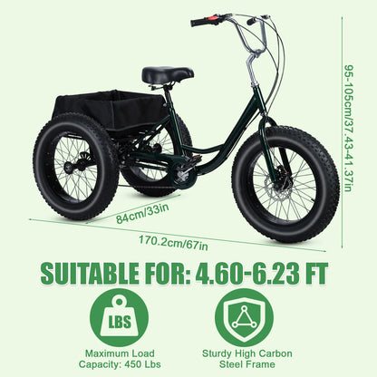 Non electric - (maximum weight capacity 450 pounds) 7-speed manual fat tire tricycle, 20 inch adult tricycle, snow tires