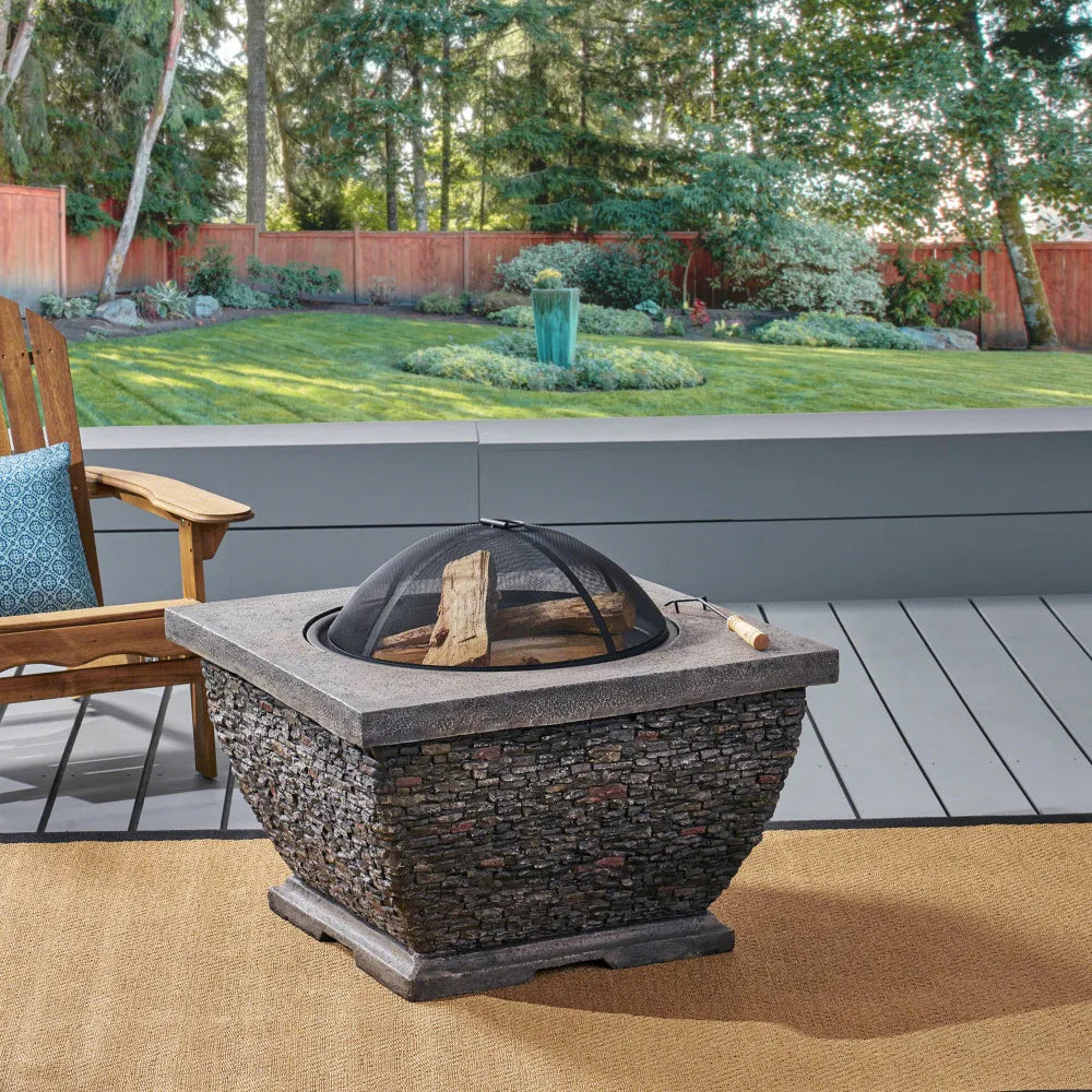 32" Square MgO Light-Weight Concrete Fire Pit Grey Wood Burning Fire Bowl for Outdoor Patio Backyard Garden