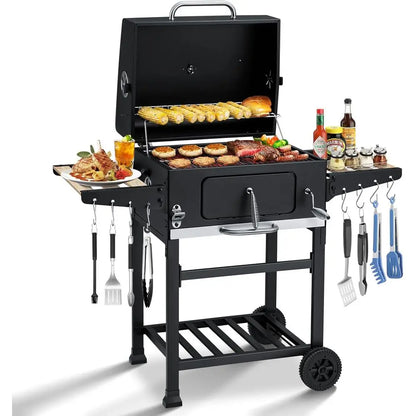 Portable Wood-Burning Grill with Side Table, 338 Sq. In. BBQ Area, Adjustable Charcoal Racks, and Thermometer for Outdoor Cookin