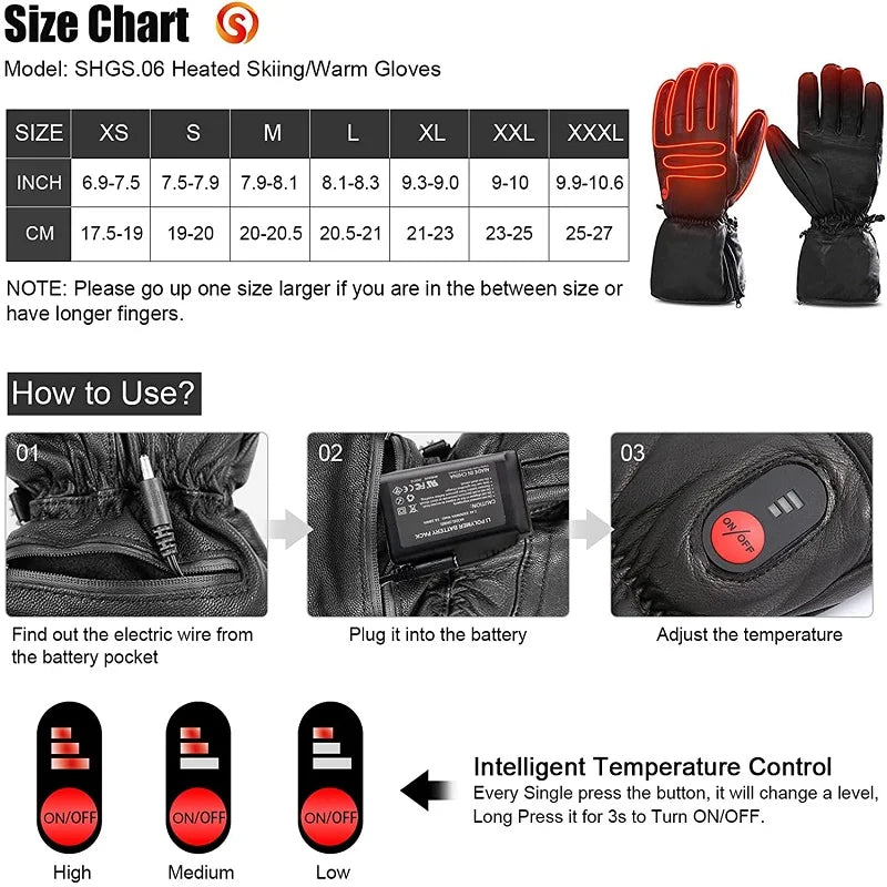 Savior Full Leather Electric Heated Gloves with Battery Powered for Sports Skiing Motorcycling Riding Fishing Hunting SHGS06