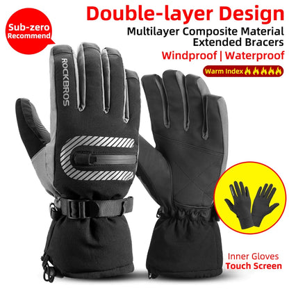 ROCKBROS Winter Gloves Motorcycle Waterproof Fleece Thermal Gloves Snowboard Snowmobile Gloves Men Women Snow Cycling Gloves