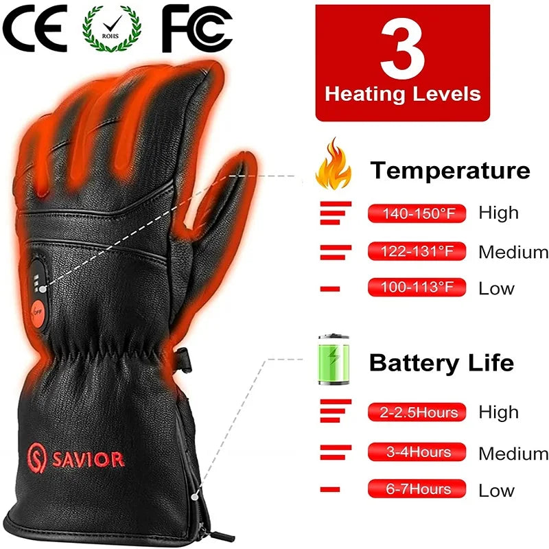 Savior Full Leather Electric Heated Gloves with Battery Powered for Sports Skiing Motorcycling Riding Fishing Hunting SHGS06