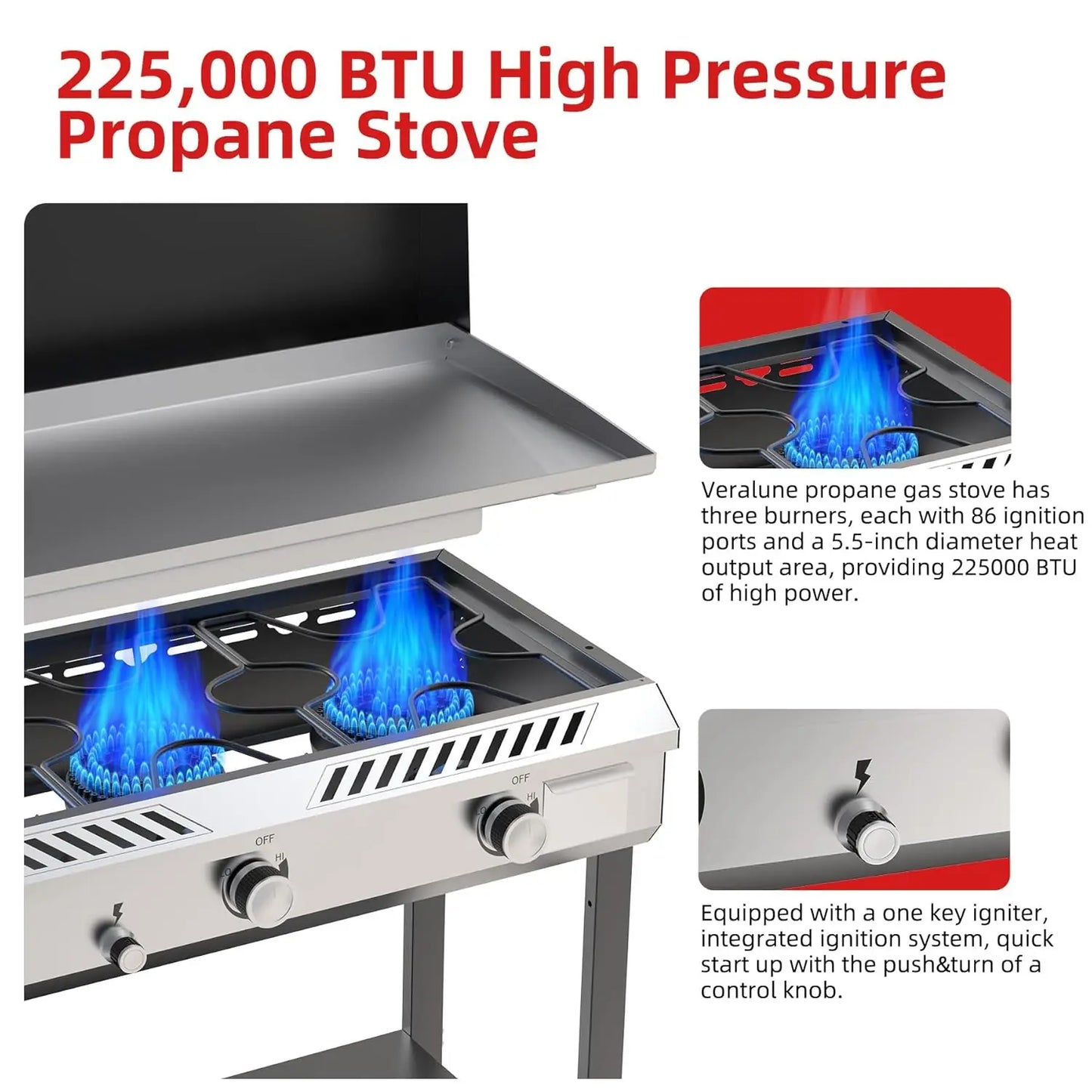 225,000 BTU Flat Top Griddle Grill with Auto Ignition Button, 3 Burner Propane Stove with Griddle, Outdoor Gas, Customized