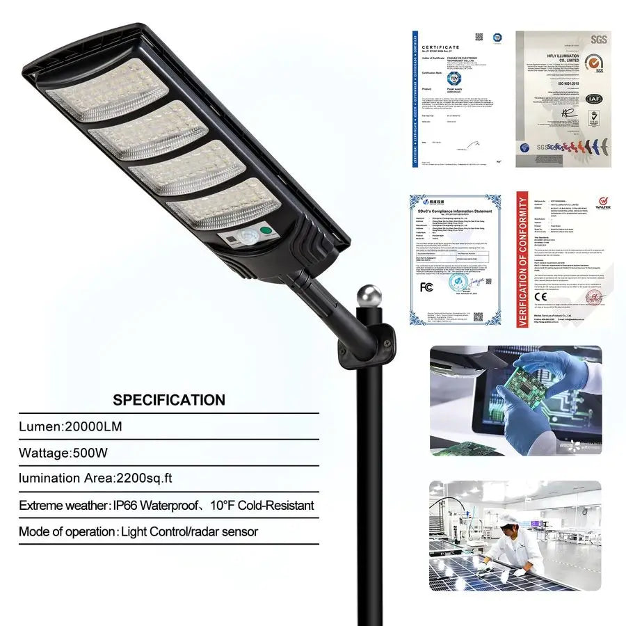 Solar Outdoor Lights,448LEDs Street Lights with 20000LM Hight Brightness, IP66 Waterproof Security Flood Light, Dusk to Dawn Sol