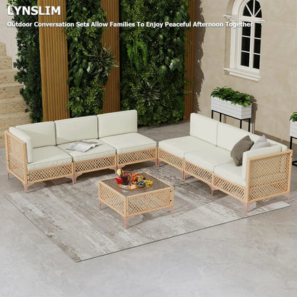 Outdoor Patio Furniture Set,Boho Patio Conversation Sectional Sofa with Large Tempered Glass Coffee Table and Waterproof Cushion