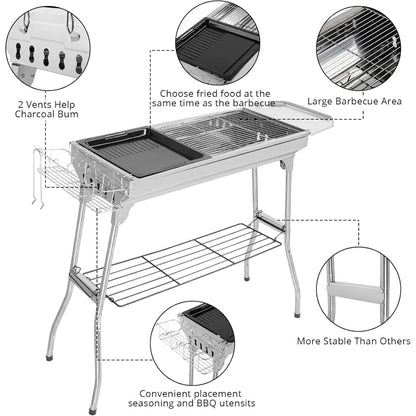 Stainless Steel Foldable Charcoal Barbecue Grill, Portable for Outdoor Camping Hiking Picnic Tailgating, Silver 39.3"x12.2"x27.9