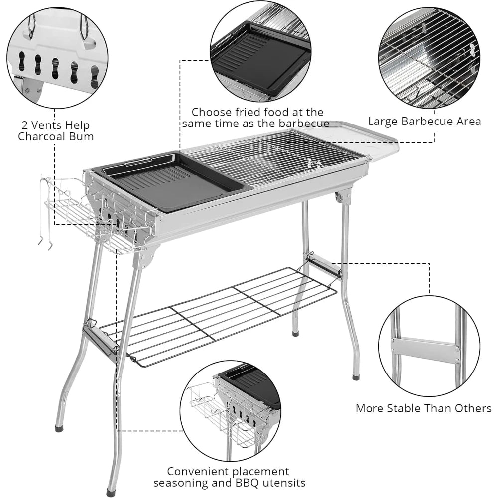 Stainless Steel Foldable Charcoal Barbecue Grill, Portable for Outdoor Camping Hiking Picnic Tailgating, Silver 39.3"x12.2"x27.9