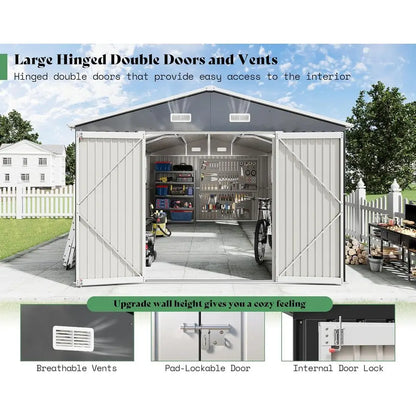 10x16x7 ft Outdoor Storage Shed with 2 Clear Panels, Metal Garden Shed with Double Doors, 4 Windows, 4 Vents, Reinforced Steel,