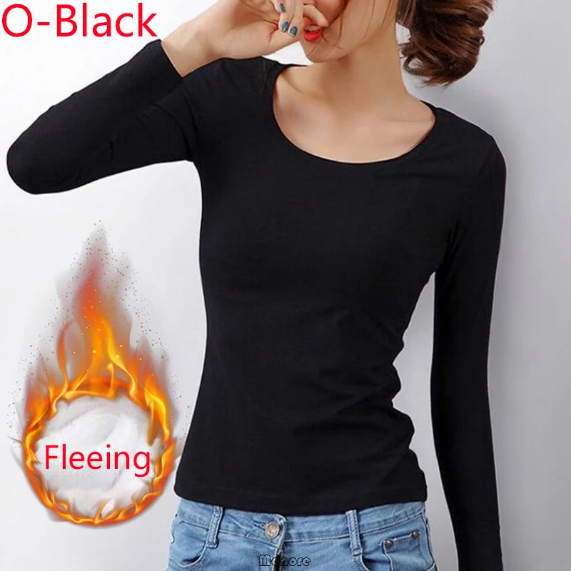 Winter Bottoming Shirt Women Thermal Underwear Solid Color German Velvet Long-Sleeved Basic T-Shirt Heating Fiber Thermal 2028