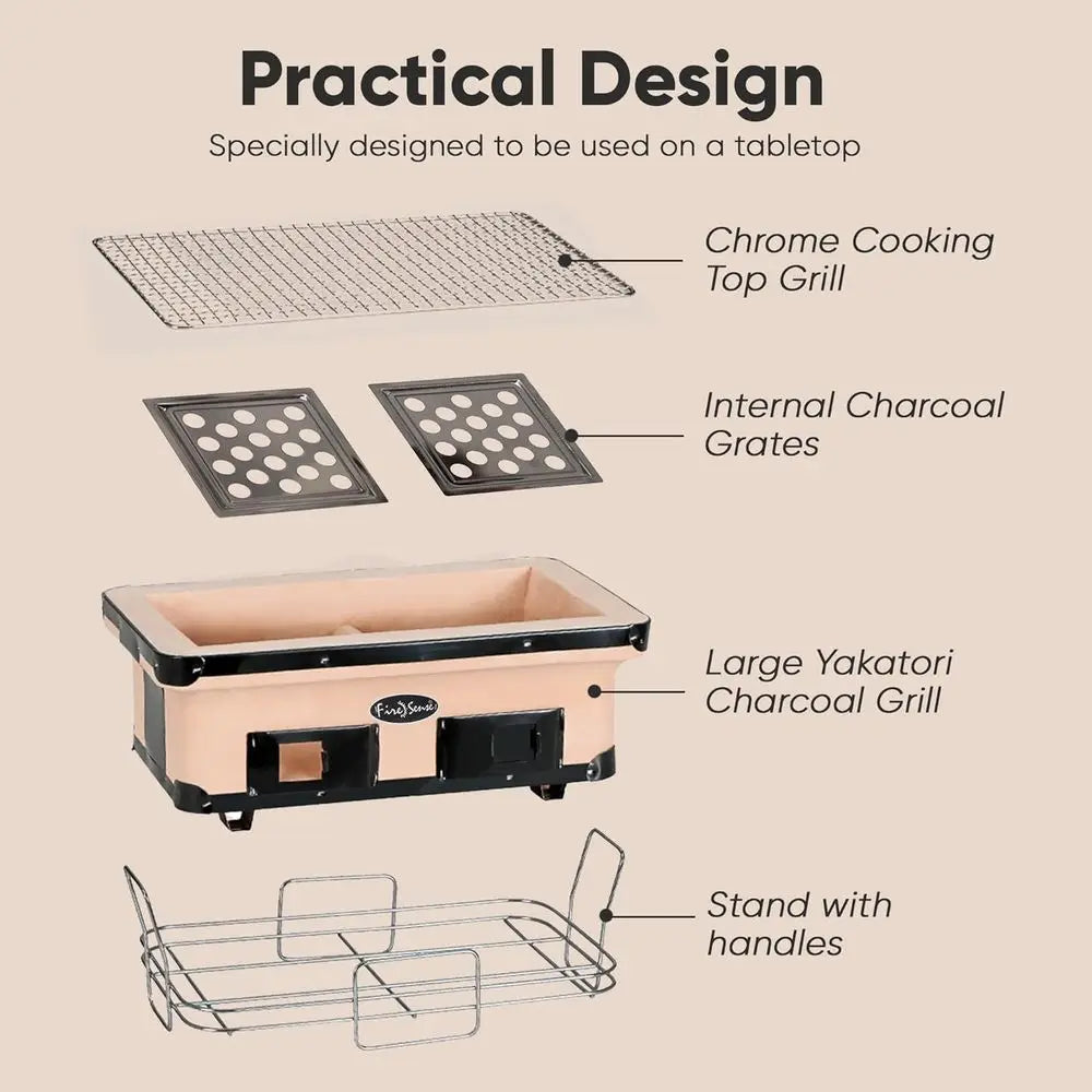 Large Tan Japanese Clay Charcoal Grill with Adjustable Ventilation for Outdoor BBQ and Camping